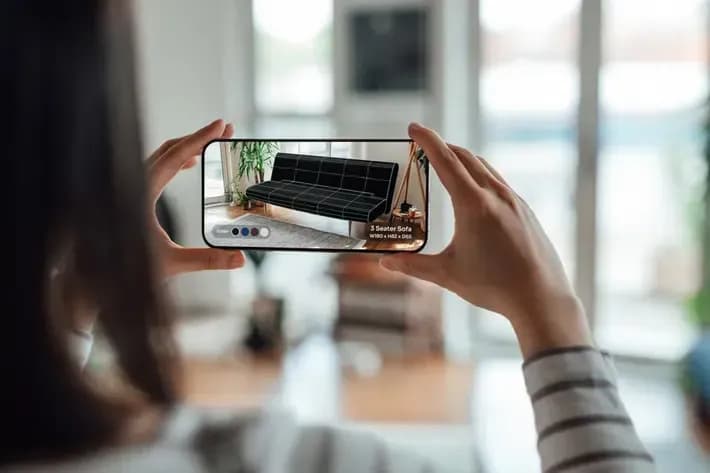 A shopper visualizes AR furniture in a living room