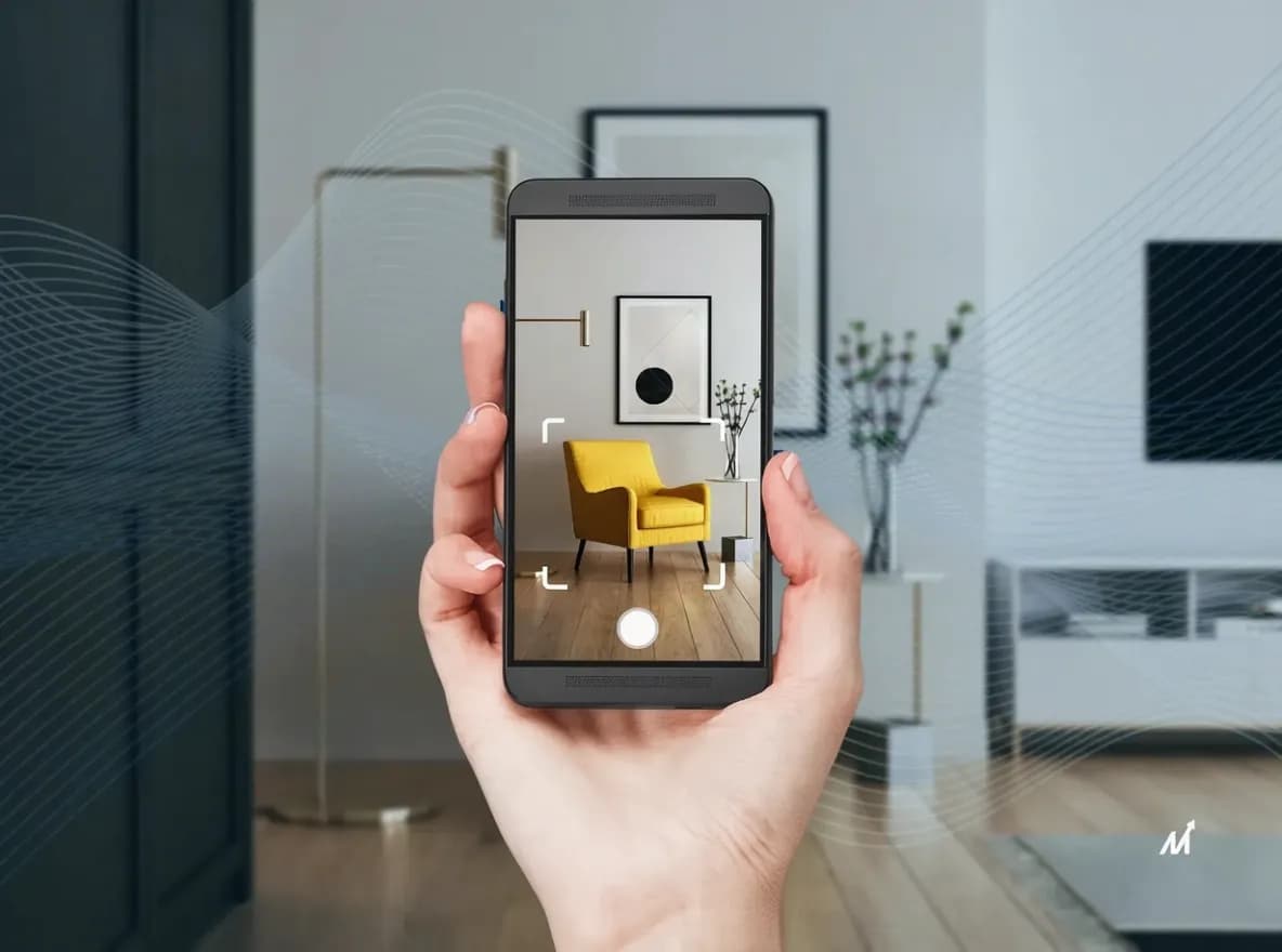 A realistic mobile app interface showcasing augmented reality solutions for business productivity, featuring clear elements in a blended background.